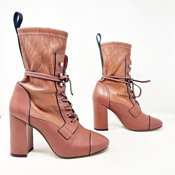 Stuart Weitzman Veruka Leather Lace Up Rose Mauve Boots 8 - Picture 2 of 11